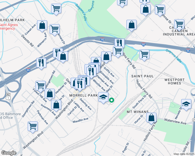 map of restaurants, bars, coffee shops, grocery stores, and more near 1908 Harman Avenue in Baltimore