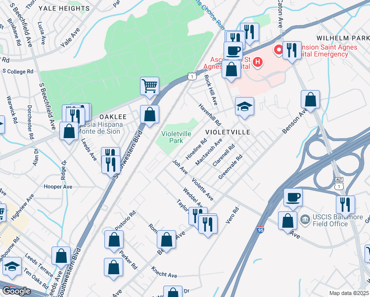 map of restaurants, bars, coffee shops, grocery stores, and more near 3643 Coolidge Avenue in Baltimore