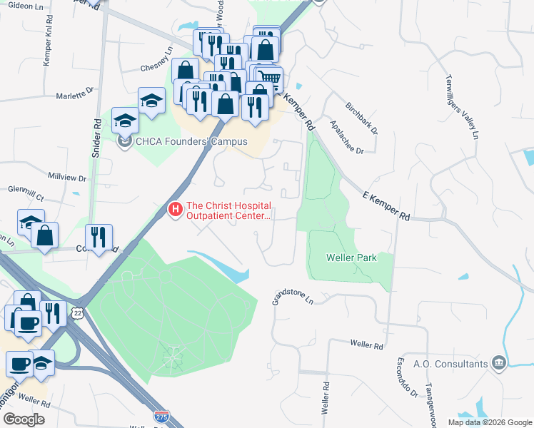 map of restaurants, bars, coffee shops, grocery stores, and more near 112 Village Gate Lane in Cincinnati