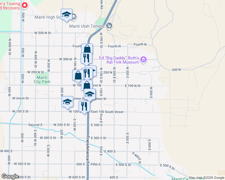 map of restaurants, bars, coffee shops, grocery stores, and more near 47 North 200 East in Manti