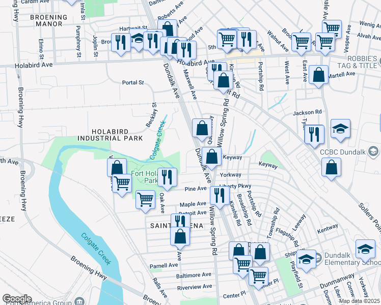 map of restaurants, bars, coffee shops, grocery stores, and more near 2105 Cameron Drive in Dundalk