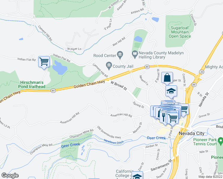 map of restaurants, bars, coffee shops, grocery stores, and more near 200 Redbud Way in Nevada City
