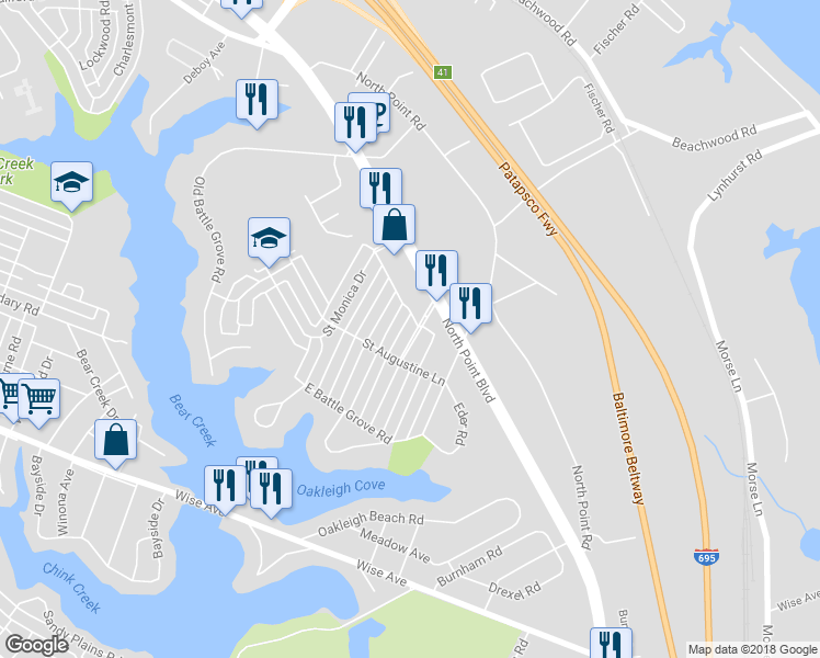 map of restaurants, bars, coffee shops, grocery stores, and more near 7936 Saint Gregory Drive in Dundalk