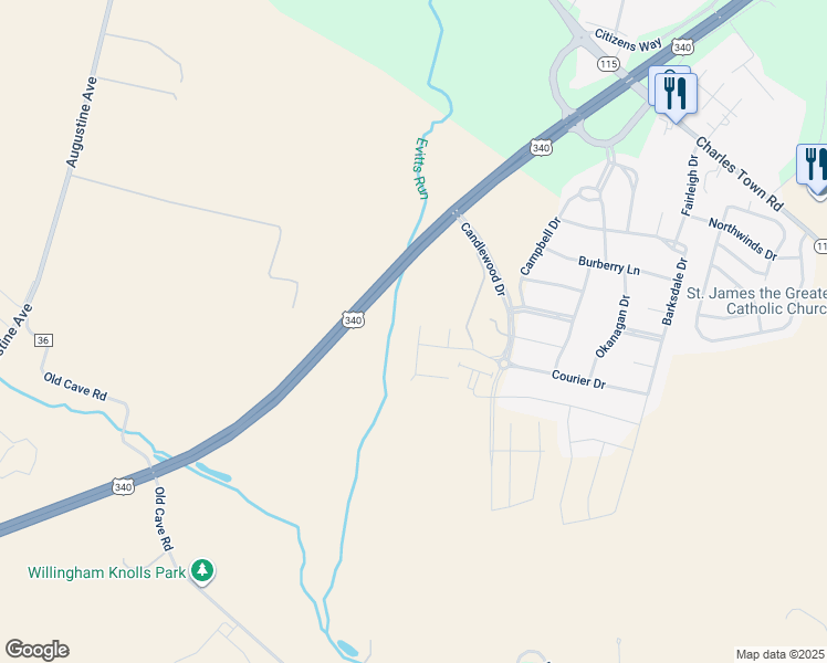 map of restaurants, bars, coffee shops, grocery stores, and more near 101 Extrovert Drive in Charles Town