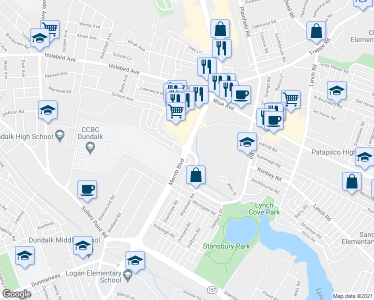 map of restaurants, bars, coffee shops, grocery stores, and more near Merritt Blvd & Searles Rd in Dundalk