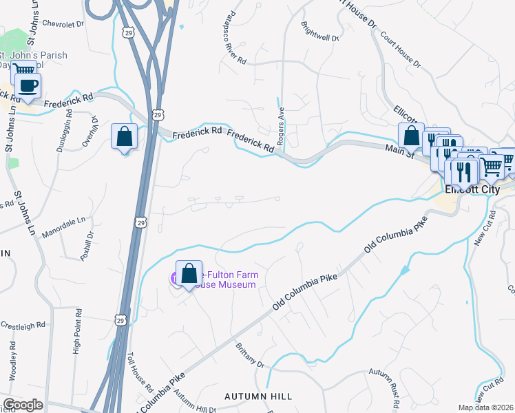 map of restaurants, bars, coffee shops, grocery stores, and more near 8637 Manahan Drive in Ellicott City