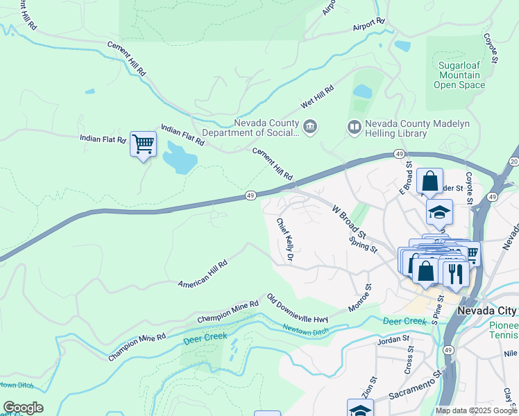 map of restaurants, bars, coffee shops, grocery stores, and more near 518 California 49 in Nevada City