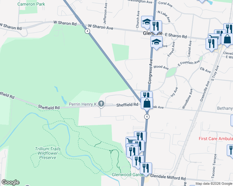 map of restaurants, bars, coffee shops, grocery stores, and more near 52 Bishopsgate Drive in Cincinnati