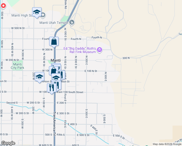 map of restaurants, bars, coffee shops, grocery stores, and more near 320 East 100 North Street in Manti