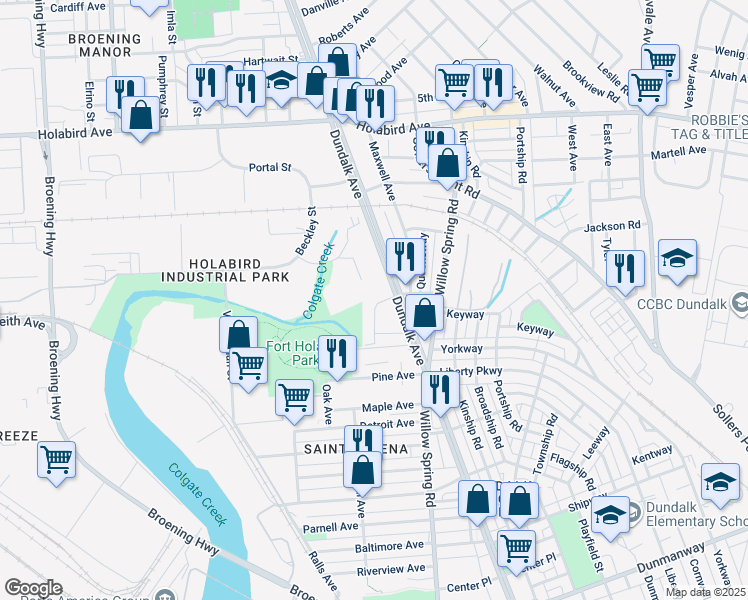 map of restaurants, bars, coffee shops, grocery stores, and more near 2106 Cameron Drive in Dundalk