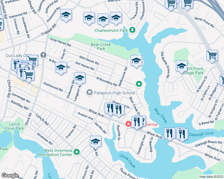 map of restaurants, bars, coffee shops, grocery stores, and more near 1704 Melbourne Road in Dundalk