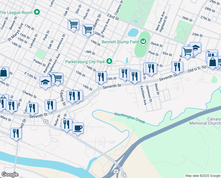 map of restaurants, bars, coffee shops, grocery stores, and more near 1709 7th Street in Parkersburg