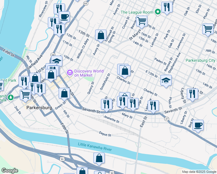 map of restaurants, bars, coffee shops, grocery stores, and more near 1006 Smithfield Street in Parkersburg