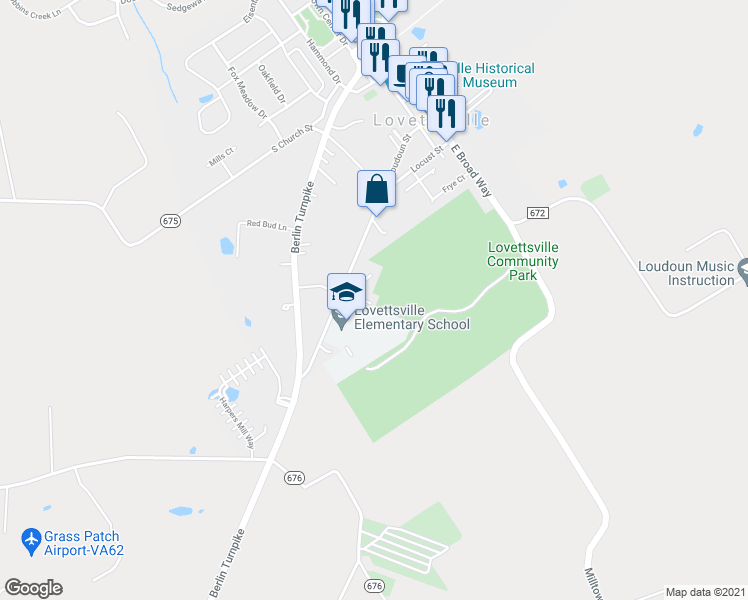 map of restaurants, bars, coffee shops, grocery stores, and more near 47A South Loudoun Street in Lovettsville