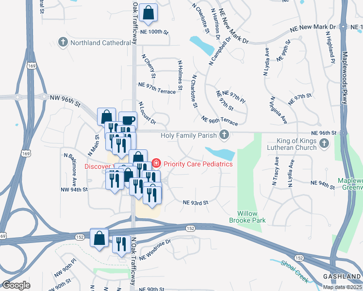 map of restaurants, bars, coffee shops, grocery stores, and more near 9511 North Kenwood Avenue in Kansas City