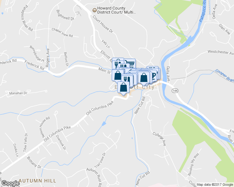map of restaurants, bars, coffee shops, grocery stores, and more near 3796 Old Columbia Pike in Ellicott City