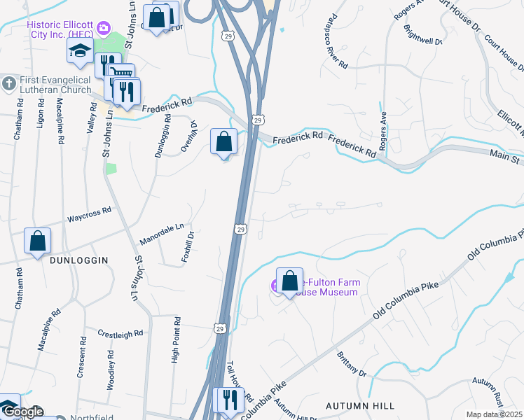 map of restaurants, bars, coffee shops, grocery stores, and more near 8804 Manahan Drive in Ellicott City