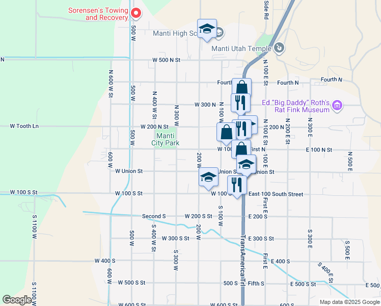 map of restaurants, bars, coffee shops, grocery stores, and more near 245 West 100 North in Manti