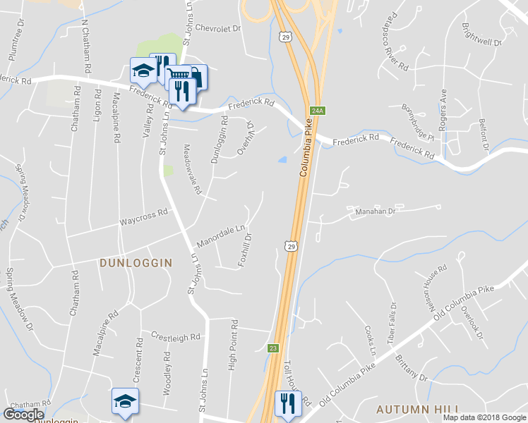 map of restaurants, bars, coffee shops, grocery stores, and more near 9007 Manordale Lane in Ellicott City