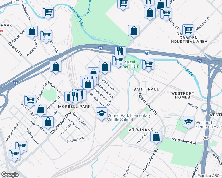 map of restaurants, bars, coffee shops, grocery stores, and more near 2018 Griffis Avenue in Baltimore