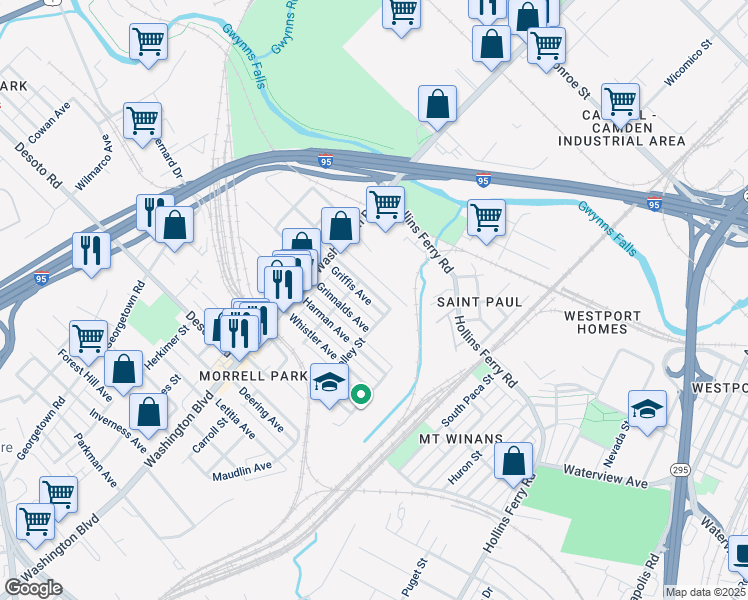 map of restaurants, bars, coffee shops, grocery stores, and more near 2035 Griffis Avenue in Baltimore