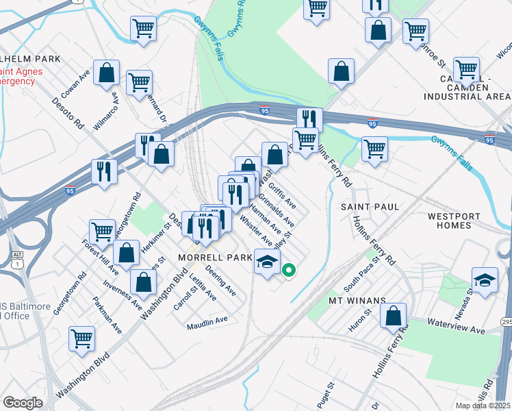 map of restaurants, bars, coffee shops, grocery stores, and more near 1905 Harman Avenue in Baltimore