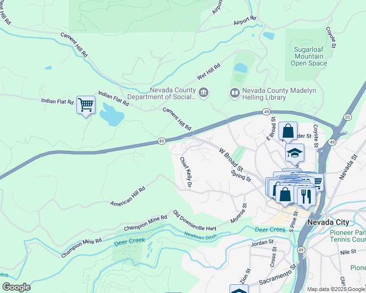 map of restaurants, bars, coffee shops, grocery stores, and more near 203 Chief Kelly Drive in Nevada City
