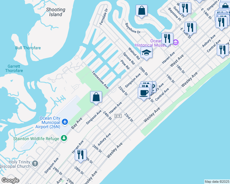 map of restaurants, bars, coffee shops, grocery stores, and more near 2201 Bay Avenue in Ocean City