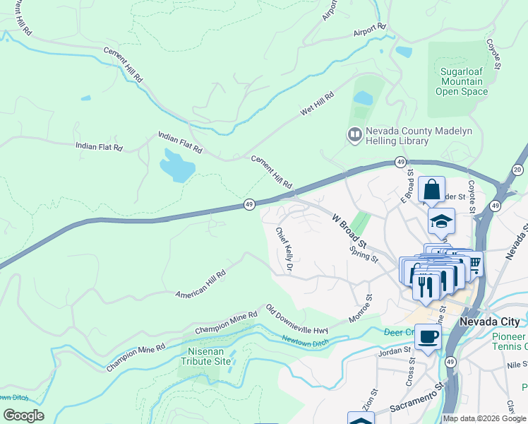 map of restaurants, bars, coffee shops, grocery stores, and more near 518 California 49 in Nevada City