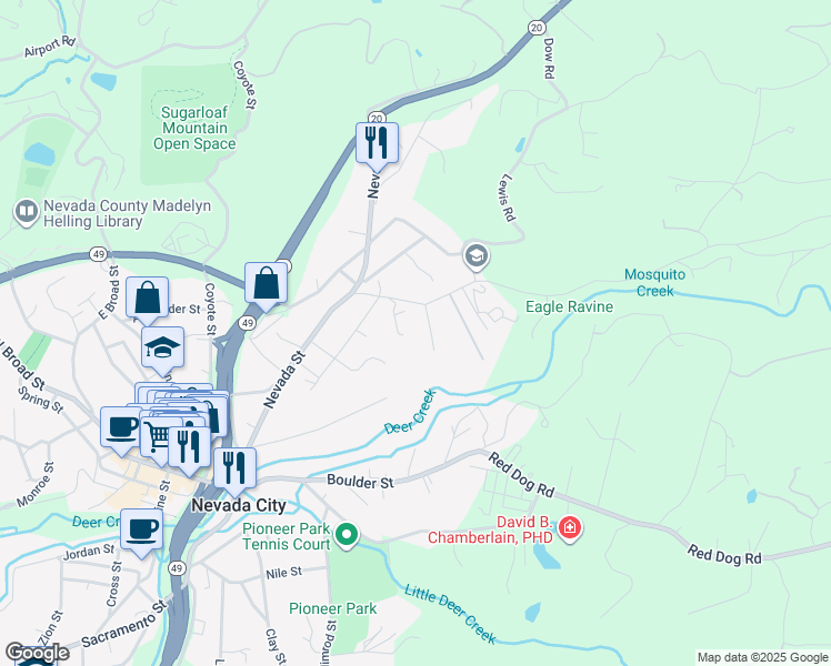 map of restaurants, bars, coffee shops, grocery stores, and more near 251 Willow Valley Road in Nevada City
