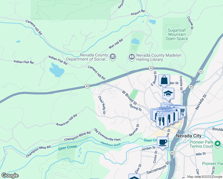 map of restaurants, bars, coffee shops, grocery stores, and more near 130 Redbud Way in Nevada City