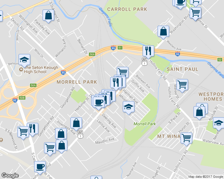 map of restaurants, bars, coffee shops, grocery stores, and more near 2523 James Street in Baltimore
