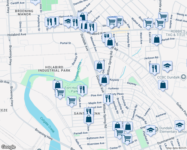 map of restaurants, bars, coffee shops, grocery stores, and more near 2102 Cameron Drive in Dundalk