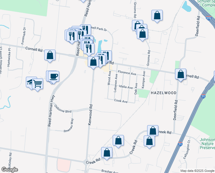 map of restaurants, bars, coffee shops, grocery stores, and more near 11111 Wood Avenue in Blue Ash
