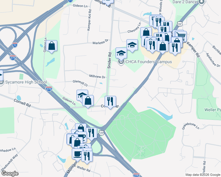 map of restaurants, bars, coffee shops, grocery stores, and more near 11150 Snider Road in Cincinnati