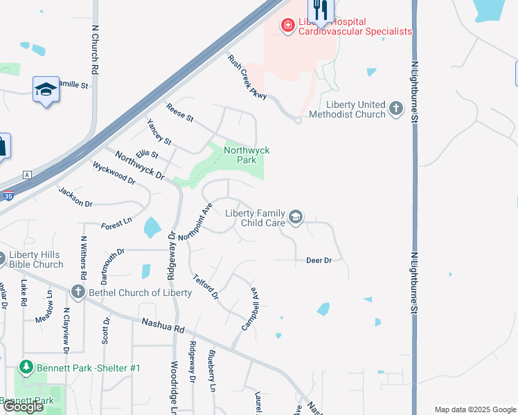 map of restaurants, bars, coffee shops, grocery stores, and more near 510 Northpoint Avenue in Liberty