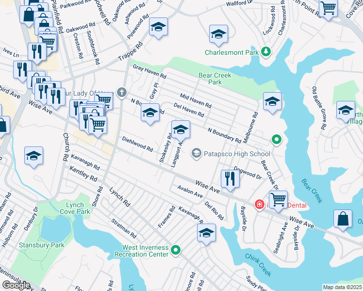 map of restaurants, bars, coffee shops, grocery stores, and more near 8100 Wise Avenue in Dundalk