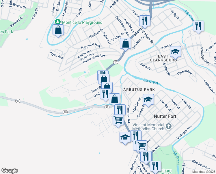 map of restaurants, bars, coffee shops, grocery stores, and more near 311 Buckhannon Pike in Nutter Fort