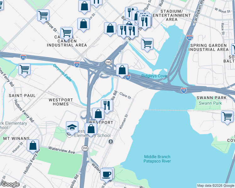 map of restaurants, bars, coffee shops, grocery stores, and more near 2001 Annapolis Road in Baltimore