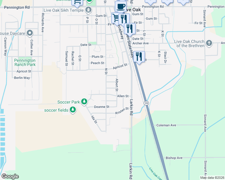 map of restaurants, bars, coffee shops, grocery stores, and more near 9375 Albert Street in Live Oak