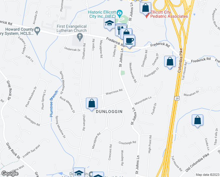 map of restaurants, bars, coffee shops, grocery stores, and more near 3722 Valley Road in Ellicott City