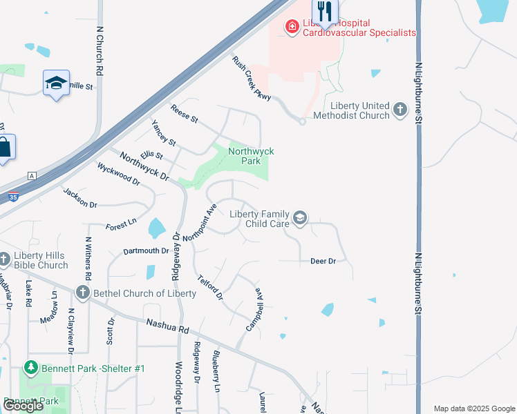 map of restaurants, bars, coffee shops, grocery stores, and more near 510 Northpoint Avenue in Liberty