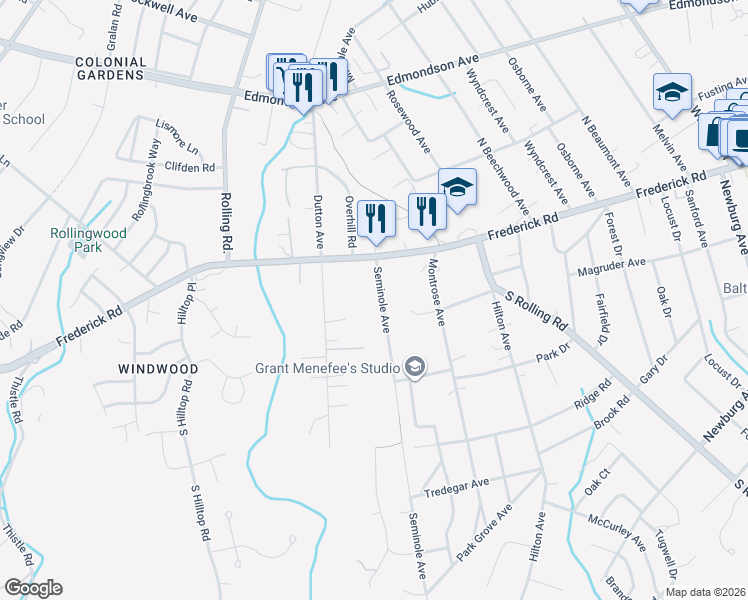 map of restaurants, bars, coffee shops, grocery stores, and more near 8 Seminole Avenue in Catonsville