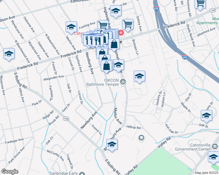 map of restaurants, bars, coffee shops, grocery stores, and more near Mellor Avenue in Catonsville