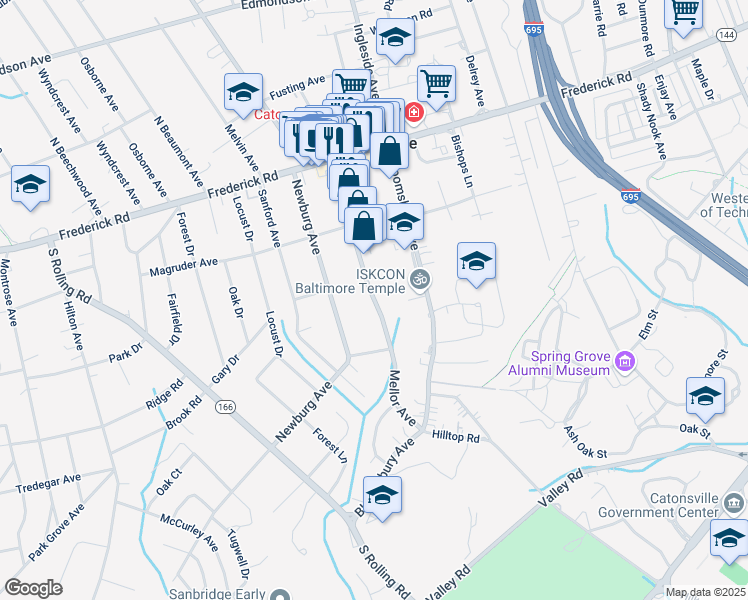 map of restaurants, bars, coffee shops, grocery stores, and more near Mellor Avenue in Catonsville