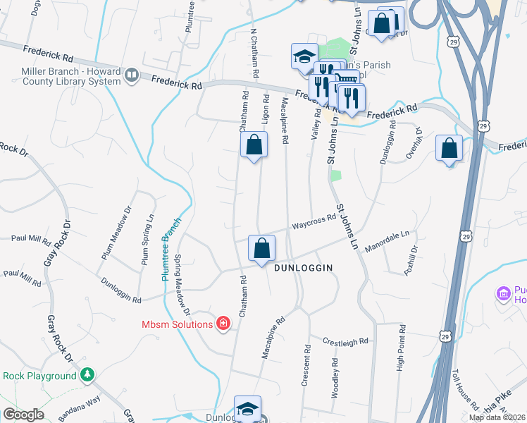 map of restaurants, bars, coffee shops, grocery stores, and more near 3729 Ligon Road in Ellicott City