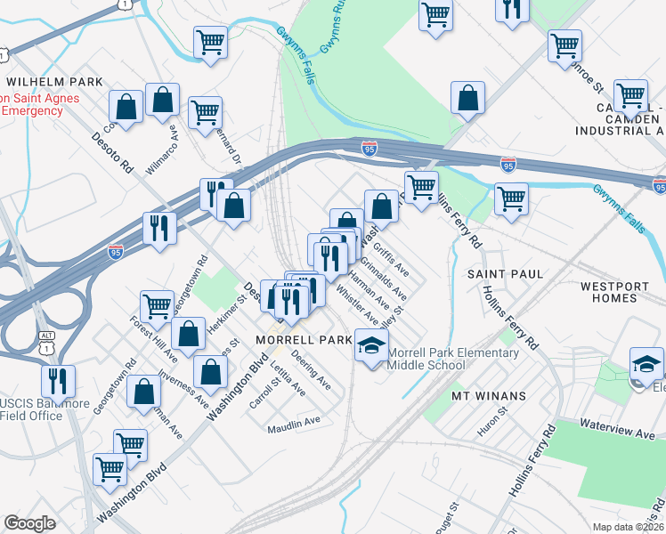 map of restaurants, bars, coffee shops, grocery stores, and more near 2506 Washington Boulevard in Baltimore