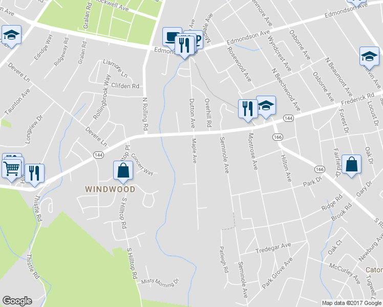 map of restaurants, bars, coffee shops, grocery stores, and more near 12 Maple Avenue in Catonsville