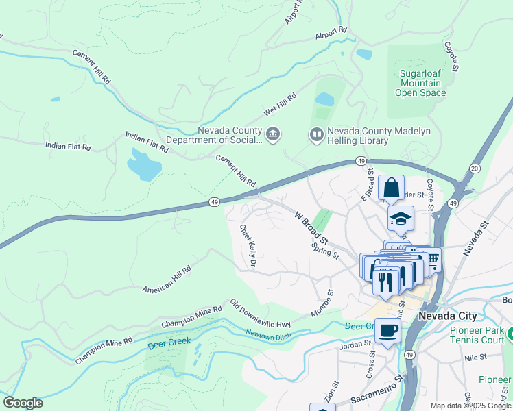 map of restaurants, bars, coffee shops, grocery stores, and more near 101 Chief Kelly Drive in Nevada City