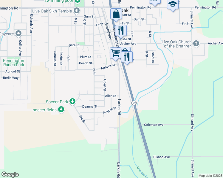 map of restaurants, bars, coffee shops, grocery stores, and more near 9298 Larkin Road in Live Oak
